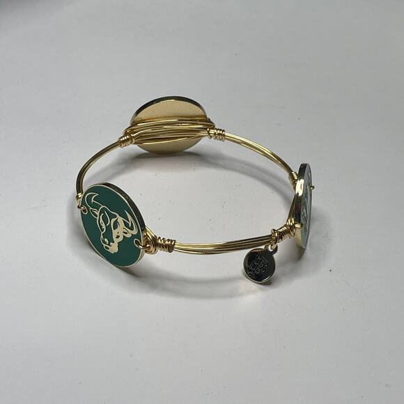 BOURBON & BOWETIES gold tone bracelet bangle THE BULL green enameled disks jewel - Picture 6 of 8